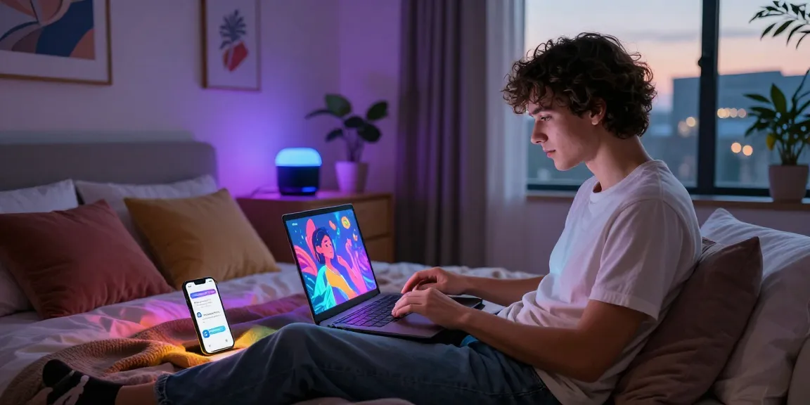 Young adult engaging in character ai nsfw roleplay on a laptop in a vibrant bedroom.