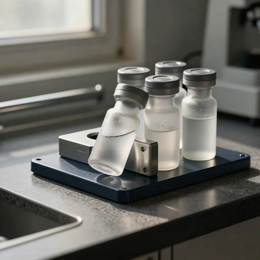 Frosted laboratoriumvials met grijze doppen naast een aluminium blok op een stenen werkblad.