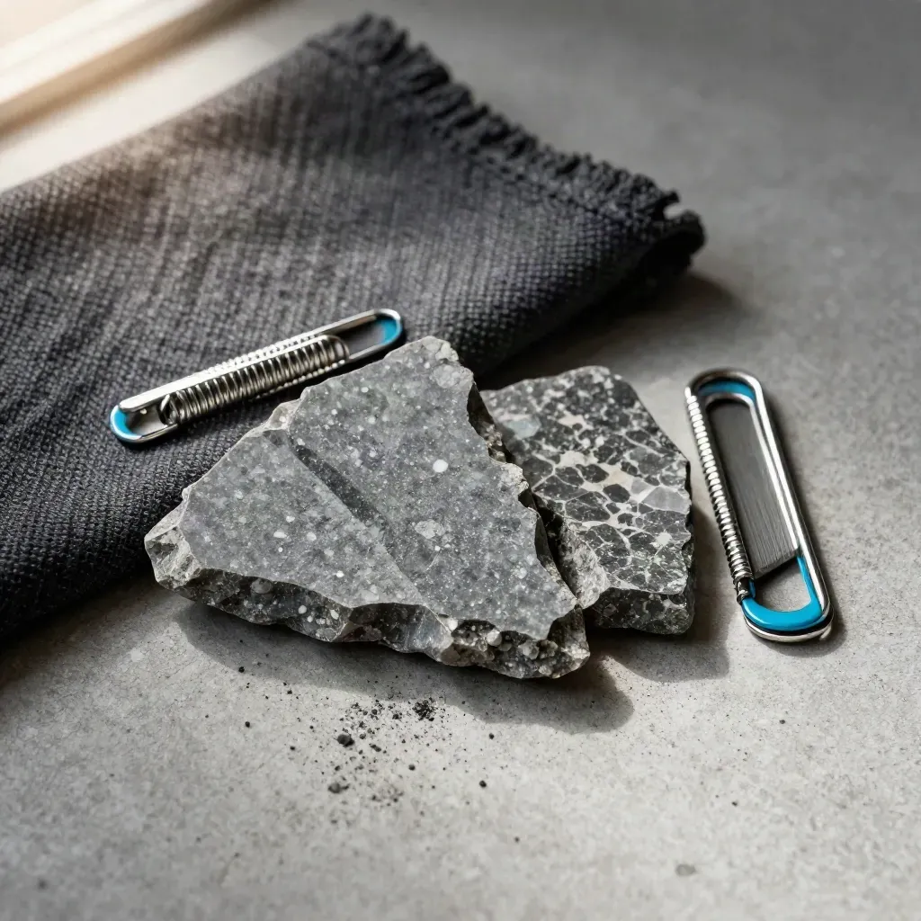 Basaltchips, een charcoal stofstaal en een stalen clip op lichtgrijs beton