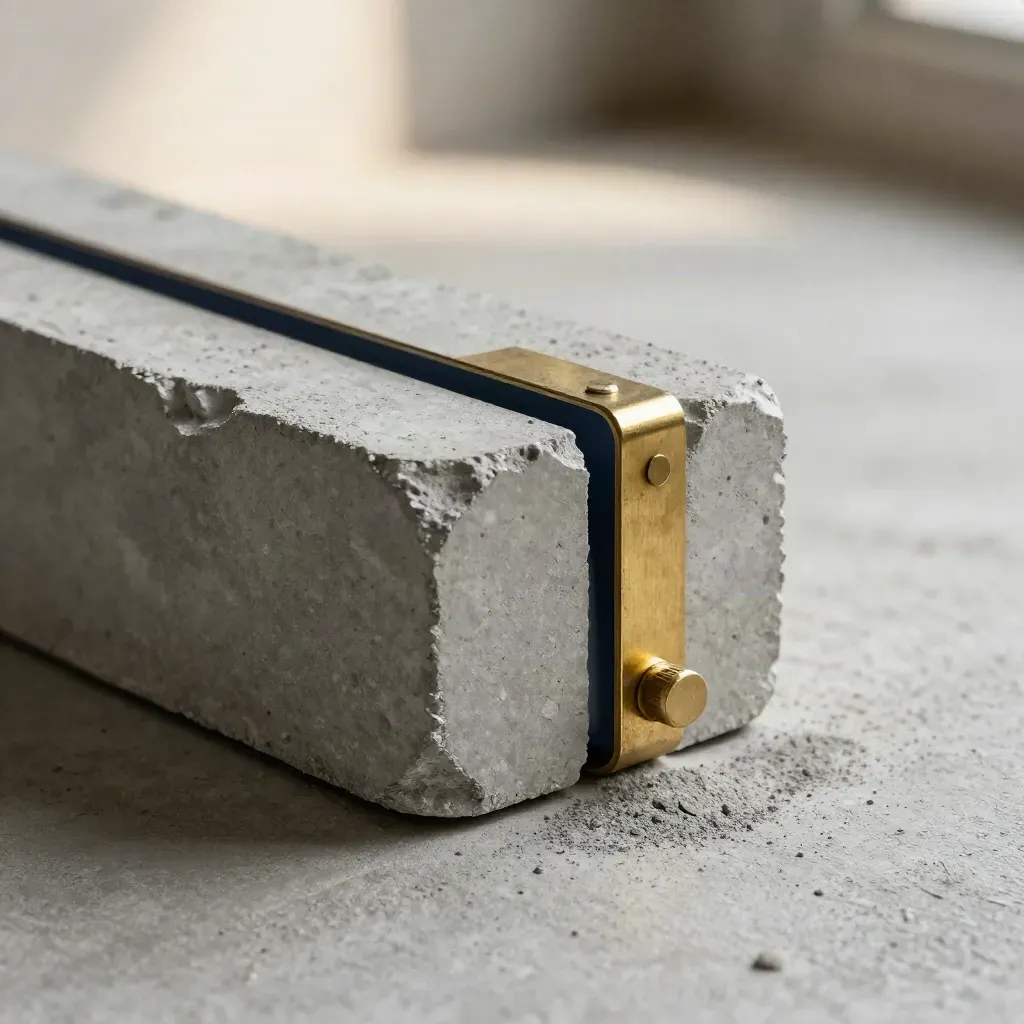 Bovenaanzicht van betonboorkern, gefreesde hoekverbinding en messing bevestiger op grijs beton.