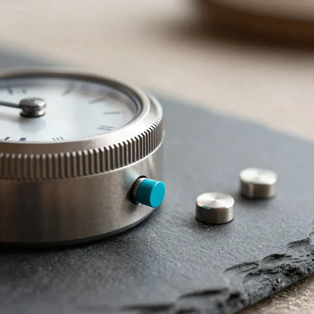 Brushed-metal Pomodoro timer met twee stalen tokens op grafiet, vastgelegd in sprintstand.
