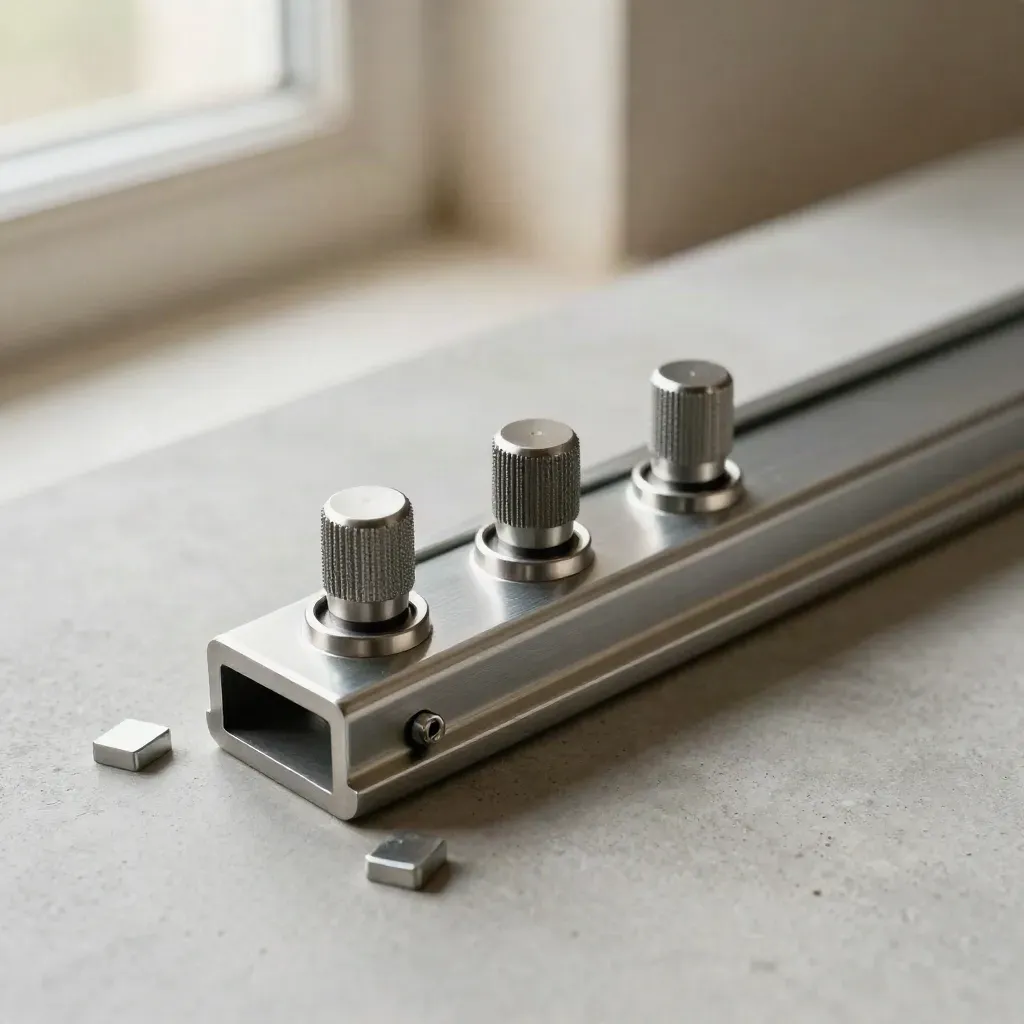 Aluminium voortgangsrail met drie schuifmarkeringen op koel beton, één markering net verplaatst.