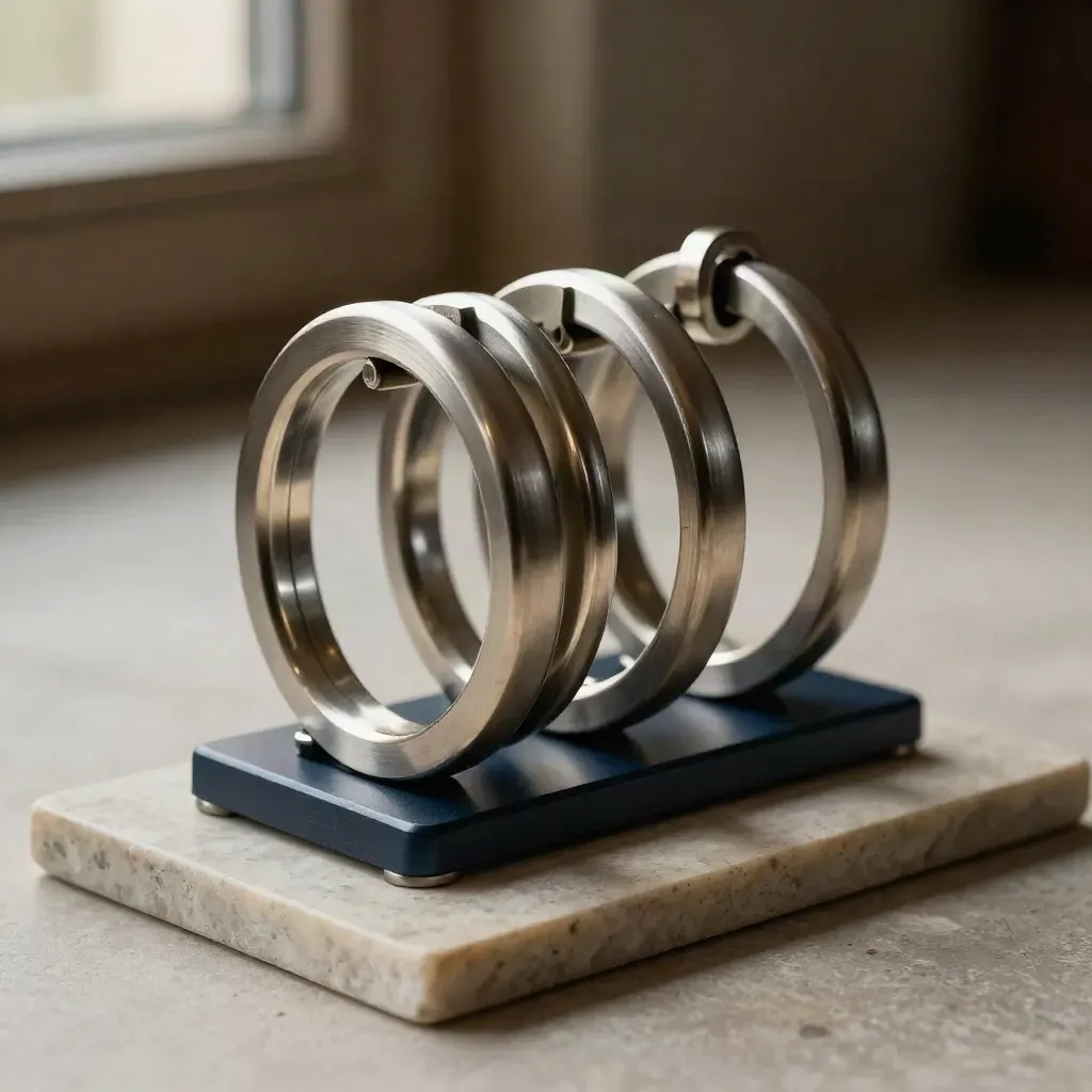 Drie aluminium doelringen op een gedeelde basis in dramatisch licht.
