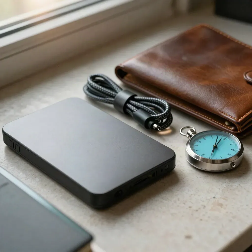 Macro van externe schijf, opgerolde kabel, leren folio en timer op steen.