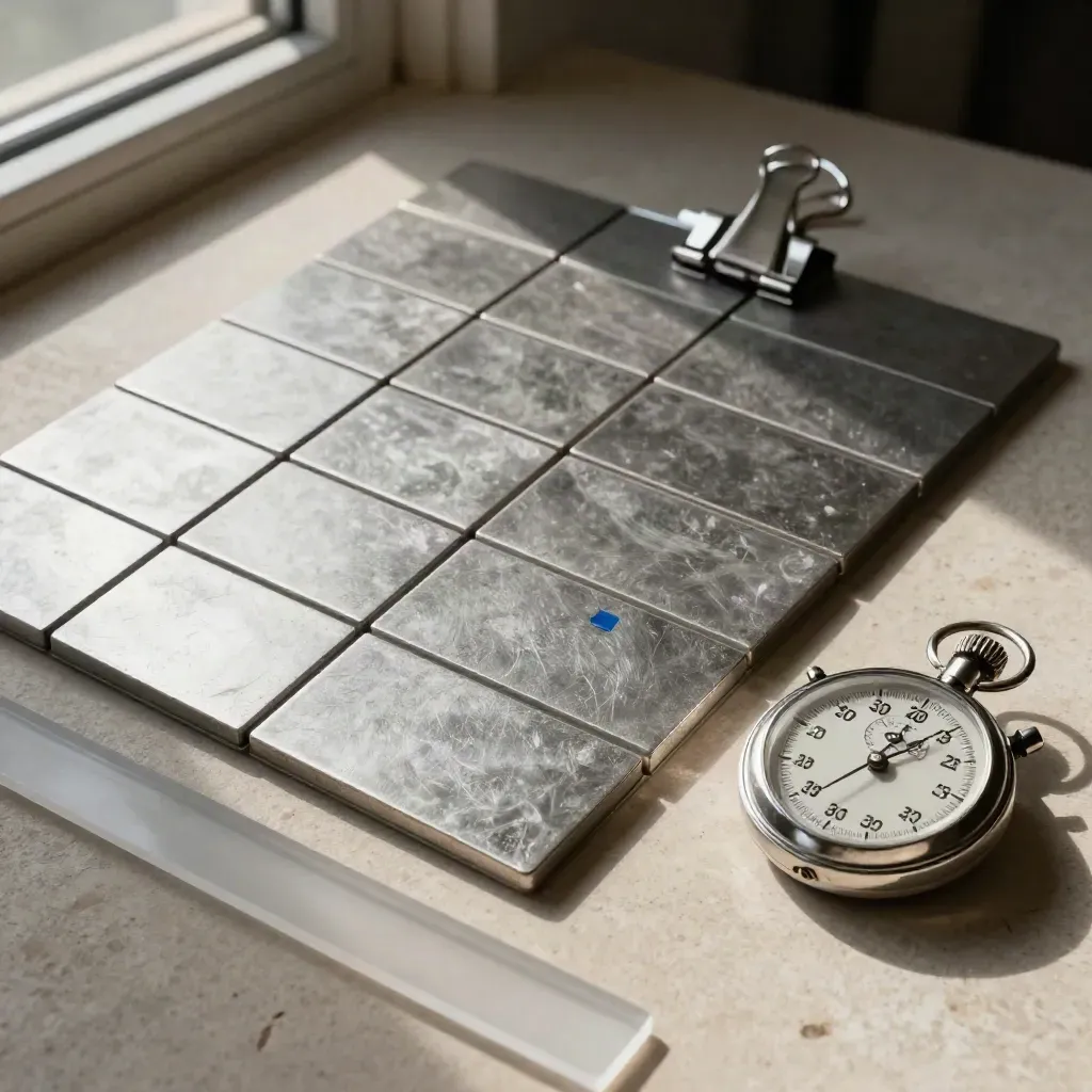 Bovenaanzicht van metalen planningsblokjes, een stopwatch en klemmetjes op een stenen ondergrond.