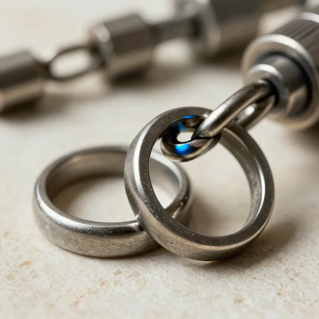 Twee metalen ringen met kettingkoppeling op steen, met een subtiele blauwe glans.