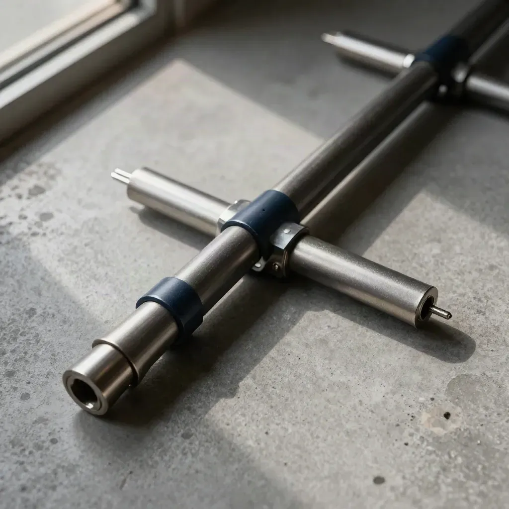 Bovenaanzicht van aluminium pinnen en sockets op beton, met één navy accent.